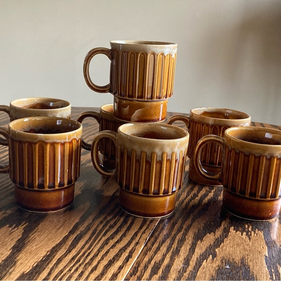 Vintage MCM Japan Brown Drip Glaze Stackable Ceramic Coffee Mugs Set of 7 - Picture 2 of 10